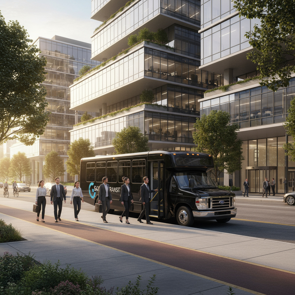 Shuttle vor Bürogebäude während der Pendelzeit