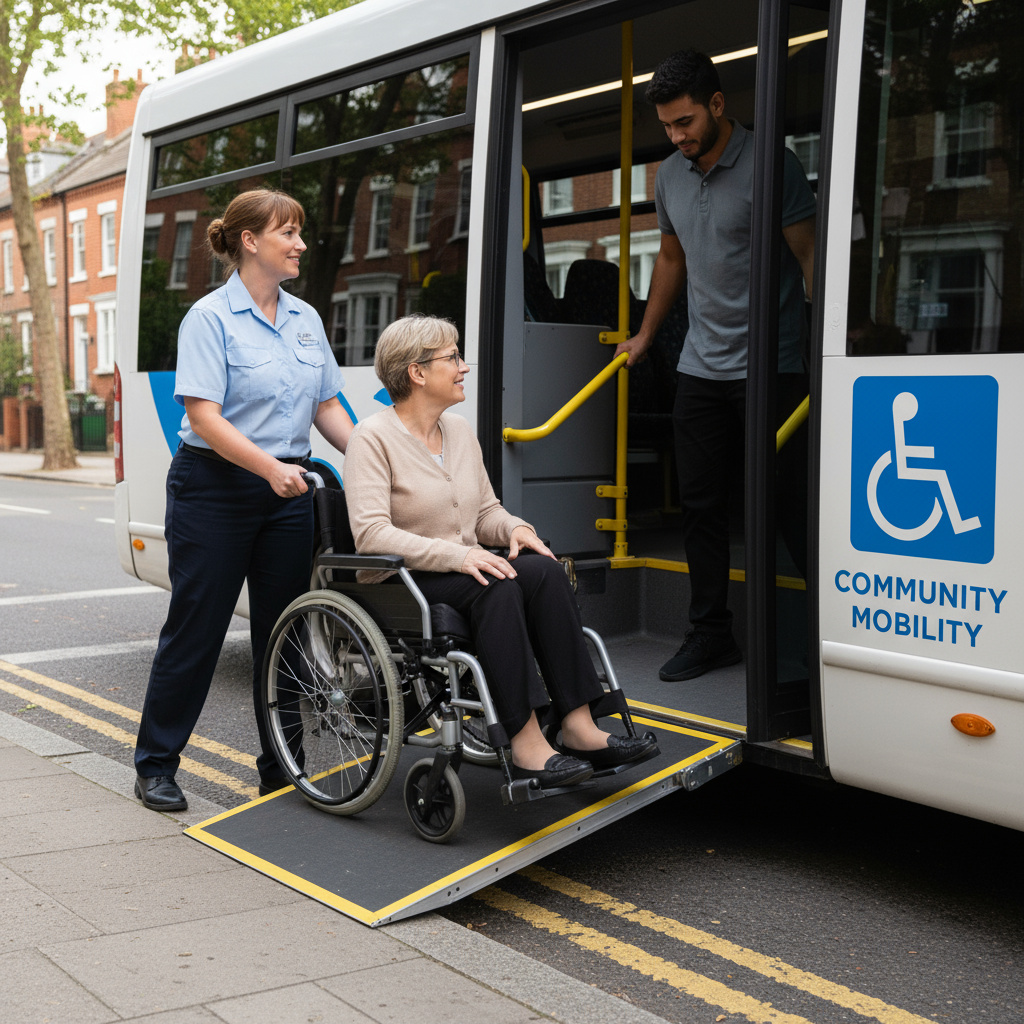 Barrierefreier Minibus mit ausgeklappter Rampe
