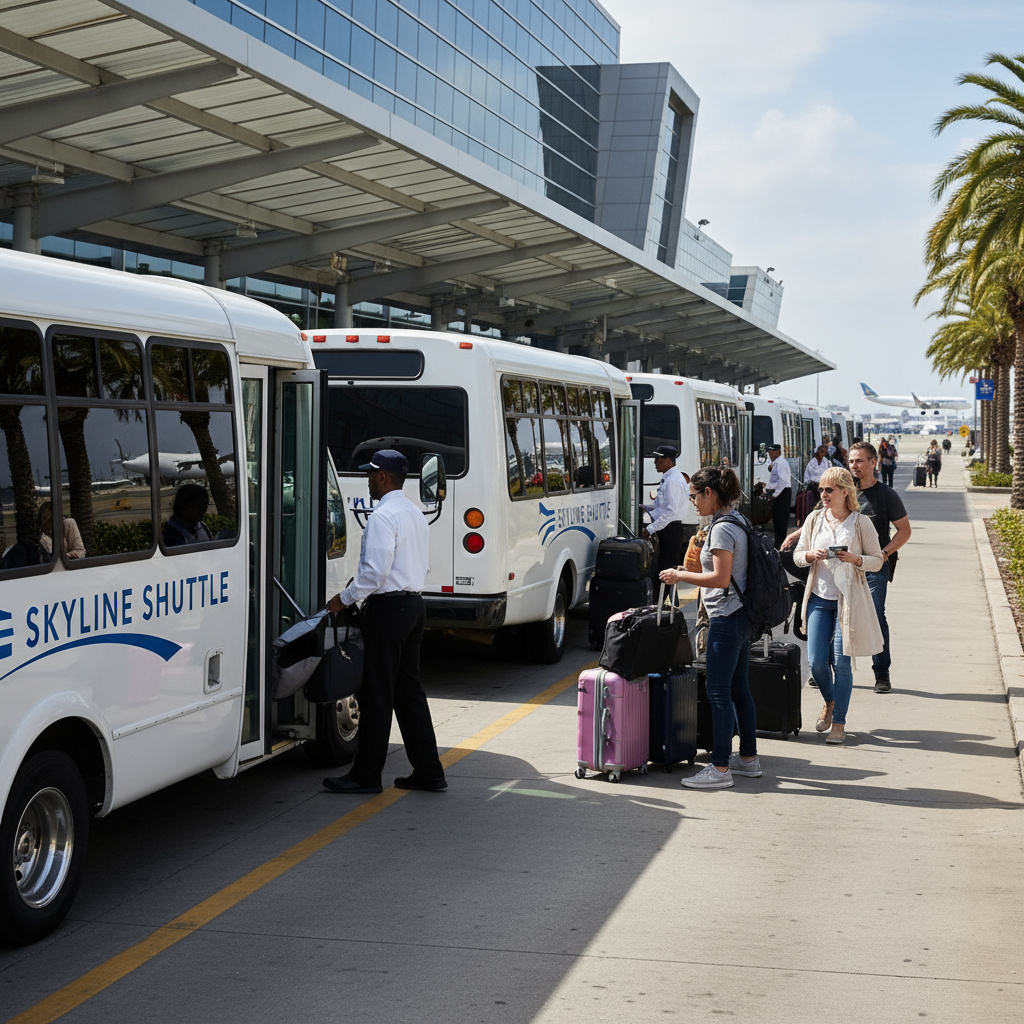 Flotte moderner Minibusse am Flughafen mit Gepäckservice
